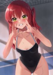 Rule 34 | 1girl, absurdres, amane sora, black one-piece swimsuit, blush, bocchi the rock!, collarbone, competition swimsuit, covered navel, green eyes, grin, hair between eyes, halterneck, hands up, highleg, highleg swimsuit, highres, indoors, kita ikuyo, leaning forward, long hair, looking at viewer, one-piece swimsuit, one side up, red hair, smile, solo, standing, swimsuit, teeth, water, wet