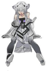 Rule 34 | 1girl, absurdly long hair, animal ears, bandage over one eye, bare shoulders, black dress, black sleeves, cat ears, cat tail, corrupted twitter file, detached sleeves, dress, fang, grey eyes, grey hair, grey pantyhose, hair between eyes, highres, long hair, no.21: xxi (punishing: gray raven), no.21 (punishing: gray raven), open mouth, pantyhose, punishing: gray raven, sidelocks, sitting, sleeves past fingers, sleeves past wrists, solo, tail, very long hair, white background, yongsadragon