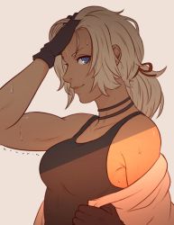 Rule 34 | 1girl, blue eyes, breasts, catherine (fire emblem), dark skin, dark-skinned female, fire emblem, fire emblem: three houses, jacket, koyorin, long hair, looking at viewer, muscular, nintendo, ponytail, shirt, smile, solo, sweat, white hair