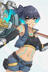 Rule 34 | 1girl, :d, black shirt, blue jacket, blue shorts, chest jewel, crop top, dark-skinned female, dark skin, eondriver, grey background, grin, hammer, highres, holding, holding hammer, holding weapon, jacket, long hair, looking at viewer, midriff, navel, open mouth, sena (xenoblade), shirt, shorts, side ponytail, simple background, sleeveless, sleeveless jacket, smile, solo, tattoo, teeth, weapon, xenoblade chronicles (series), xenoblade chronicles 3