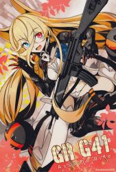 Rule 34 | 1girl, :d, animal ears, assault rifle, asymmetrical legwear, babydoll, black thighhighs, blonde hair, blue eyes, branch, breasts, character name, collar, commentary request, detached collar, fangs, g41 (girls&#039; frontline), girls&#039; frontline, gun, h&amp;k g41, hair between eyes, hair ornament, hand up, heterochromia, holding, holding gun, holding weapon, leaf, long hair, looking at viewer, low-tied long hair, mechanical arms, medium breasts, mineta naoki, mismatched legwear, navel, open hand, open mouth, panties, red eyes, rifle, smile, solo, thighhighs, trigger discipline, twintails, twitter username, underwear, very long hair, weapon, white babydoll, white collar, white panties, white thighhighs