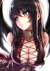 Rule 34 | 1girl, backlighting, bare shoulders, black hair, blue eyes, blush, breasts, character request, cleavage, collar, collarbone, commentary request, copyright request, hair between eyes, half-closed eyes, large breasts, long hair, looking away, skindentation, solo, tooi aoiro, wings
