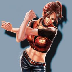 Rule 34 | 1girl, abs, black choker, breasts, brown hair, choker, claire redfield, closed mouth, denim, jeans, long hair, medium breasts, namiru319, navel, pants, ponytail, resident evil, resident evil - code: veronica, resident evil 2, simple background, solo