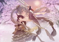 Rule 34 | 1girl, bare shoulders, black hair, cherry blossoms, detached sleeves, highres, long hair, magia record: mahou shoujo madoka magica gaiden, magical girl, mahou shoujo madoka magica, petals, ribbon, scarf, seven-branched sword, solo, soul gem, spring (season), sword, tokime shizuka, twintails, weapon, yukishiro (hitsuji)