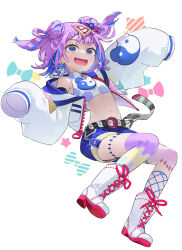 Rule 34 | 1girl, asymmetrical legwear, belt, blue eyes, blue hair, blue shorts, boots, bow, bow-shaped hair, commentary request, crop top, full body, indie virtual youtuber, jacket, jiangshi no ci-chan, looking at viewer, mismatched legwear, multicolored hair, open mouth, purple hair, shirt, shorts, simple background, sleeves past fingers, sleeves past wrists, smile, solo, stomach, streaked hair, syuri22, talisman, virtual youtuber, white background, white footwear, white jacket, white shirt, yin yang