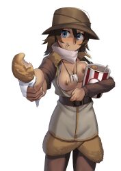 Rule 34 | 1girl, blue eyes, blush, breasts, breasts out, brown hair, character request, chewing, closed mouth, dark-skinned female, dark skin, eating, food, girls und panzer, hat, highres, jewelry, kfc, large breasts, long hair, looking at viewer, necklace, nico-mo, nipples, no bra, solo