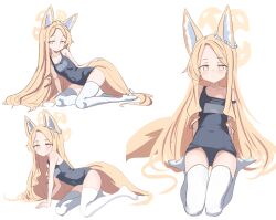 Rule 34 | 1girl, absurdres, animal ear fluff, animal ears, ass2, bare arms, bare shoulders, black one-piece swimsuit, blonde hair, blue archive, breasts, closed mouth, collarbone, covered navel, extra ears, fox ears, halo, highres, long hair, looking at viewer, multiple views, one-piece swimsuit, school swimsuit, seia (blue archive), simple background, small breasts, swimsuit, thighhighs, white background, white thighhighs, yellow eyes, yellow halo