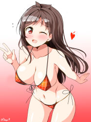 Rule 34 | 1girl, antenna hair, bare shoulders, bikini, blush, breasts, brown hair, cleavage, collarbone, cowboy shot, deego (omochi bazooka), dot nose, flying sweatdrops, front-tie bikini top, front-tie top, gradient background, hand up, heart, highres, idolmaster, idolmaster cinderella girls, idolmaster cinderella girls starlight stage, large breasts, leaning forward, long hair, looking at viewer, navel, one eye closed, open mouth, plaid, plaid bikini, red background, red bikini, red eyes, shy, side-tie bikini bottom, simple background, smile, solo, standing, swimsuit, tsujino akari, twitter username, w