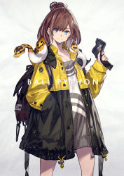 Rule 34 | 1girl, absurdres, backpack, bag, blue eyes, brown hair, english text, hand in pocket, highres, jacket, kusano shinta, looking at viewer, multicolored hair, open clothes, open jacket, original, short hair, smile, snake, solo, swept bangs, two-tone hair, white background