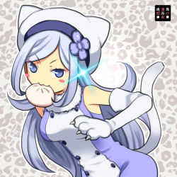 Rule 34 | 10s, 1girl, :3, aila jyrkiainen, animal ears, animal hands, baozi, bare shoulders, beret, blue eyes, blush, blush stickers, breasts, cat ears, cat tail, elbow gloves, food, gloves, gundam, gundam build fighters, hat, kurarin, long hair, medium breasts, paw gloves, silver hair, solo, tail