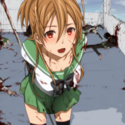Rule 34 | 1girl, 3u, arms behind back, blood, blood on face, breasts, brown hair, death, downblouse, highschool of the dead, leaning forward, miyamoto rei, open mouth, red eyes, school uniform, serafuku, shoes, single shoe, skirt, solo, thighhighs