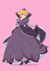 Rule 34 | 1girl, black dress, black gloves, blonde hair, crown, dress, earrings, elbow gloves, full body, gloves, highres, jewelry, looking at viewer, mario (series), medium hair, nintendo, paper mario, paper mario: the thousand year door, pink background, princess peach, red eyes, saiwo (saiwoproject), shadow queen, simple background, solo