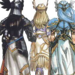 Rule 34 | 3girls, armor, armored dress, blonde hair, blue armor, blue hair, braid, cowboy shot, feathers, from behind, gloves, head wings, helmet, hrist valkyrie, lenneth valkyrie, long hair, lowres, multiple girls, official art, siblings, silmeria valkyrie, silver hair, sisters, standing, tiara, valkyrie, valkyrie profile (series), very long hair, white background, wings