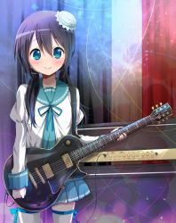 Rule 34 | 1girl, amplifier, black hair, blue eyes, blue ribbon, blue skirt, blush, cowboy shot, electric guitar, gibson les paul, guitar, hair between eyes, holding, holding instrument, instrument, juliet sleeves, long hair, long sleeves, looking at viewer, low twintails, original, pleated skirt, puffy sleeves, ragho no erika, ribbon, school uniform, serafuku, skirt, smile, solo, thighhighs, twintails, upper body, white thighhighs