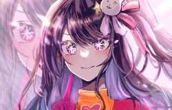 Rule 34 | 1girl, blush, brooch, closed mouth, commentary, dress, gloves, hair between eyes, hair ornament, hair ribbon, heart, heart brooch, hoshino ai (oshi no ko), index finger raised, iyu (1yu iyu), jewelry, lens flare, long hair, looking at viewer, multicolored eyes, one side up, oshi no ko, parted bangs, pink dress, pink eyes, pink gloves, pink ribbon, portrait, purple eyes, purple hair, rabbit hair ornament, ribbon, screen zoom, shadow, smile, solo, star-shaped pupils, star (symbol), star hair ornament, symbol-shaped pupils, turtleneck, turtleneck dress