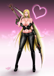 Rule 34 | 1girl, bare shoulders, blonde hair, blue eyes, breasts, choker, cleavage, closed mouth, collarbone, devil may cry (series), full body, heart, high heels, huge breasts, huge weapon, long hair, looking at viewer, navel, pink devil, smile, solo, stomach, trish (devil may cry), very long hair, weapon, weapon on back
