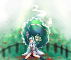 Rule 34 | 2girls, bad id, bad pixiv id, blood, death, dress, closed eyes, ghost tail, green hair, hand on another&#039;s face, hat, japanese clothes, kariginu, long sleeves, mononobe no futo, multiple girls, ofuda, pom pom (clothes), sheeg, short hair, silver hair, soga no tojiko, suicide, sword, tate eboshi, touhou, weapon