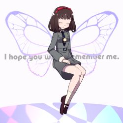 Rule 34 | 1girl, atlus, butterfly wings, closed eyes, do m kaeru, english text, grey background, insect wings, invisible chair, jewelry, necklace, persona, persona 1, short hair, simple background, sitting, solo, sonomura maki, wings
