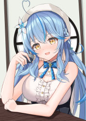 Rule 34 | 1girl, ahoge, beret, blue hair, blue nails, blush, braid, breasts, commentary request, cup, hat, highres, holding, holding cup, hololive, large breasts, long hair, looking at viewer, mikoto paint, nail polish, open mouth, pointy ears, single braid, smile, solo, virtual youtuber, white hat, yellow eyes, yukihana lamy