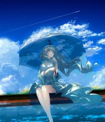 Rule 34 | 1girl, arm across waist, bare legs, bird, blue dress, blue eyes, blue hair, blue sky, chocoshi, chromatic aberration, clothes lift, cloud, contrail, dress, dress lift, flock, flower, flying, grass, hair lift, hand up, highres, holding, holding umbrella, legs together, light particles, long hair, long sleeves, looking away, original, parted lips, railing, scenery, shaded face, sitting, sky, skyline, solo, transparent, transparent umbrella, umbrella, white dress, wide sleeves, wind, wind lift, yellow flower