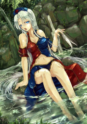 Rule 34 | 1girl, adapted costume, bare shoulders, blue eyes, breasts, cleavage, dacho, hat, long hair, navel, open mouth, silver hair, sitting, soaking feet, solo, touhou, very long hair, water, yagokoro eirin