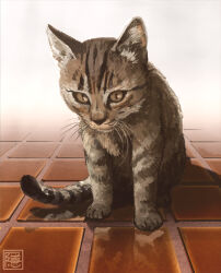 Rule 34 | animal, cat, light, no humans, original, painting (medium), realistic, shadow, still life, tile floor, tiles, traditional media, white background, yk funa