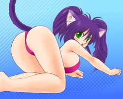 Rule 34 | 1girl, akira m, animal ears, ass, barefoot, bikini, blue background, blush, breasts, fangs, from behind, green eyes, large breasts, long hair, looking at viewer, looking back, open mouth, purple bikini, purple hair, smile, swimsuit, tail, teeth, twintails