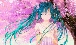 Rule 34 | 1girl, aqua hair, cherry blossoms, collarbone, closed eyes, facing viewer, flower, hands on own chest, hatsune miku, holding, holding flower, long hair, long sleeves, mariwai (marireroy), parted lips, portrait, solo, spring (season), tree, twintails, very long hair, vocaloid