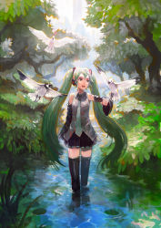 Rule 34 | 1girl, alchemaniac, bad id, bad pixiv id, bird, boots, detached sleeves, green hair, hatsune miku, headphones, highres, long hair, necktie, open mouth, skirt, solo, thigh boots, thighhighs, tree, twintails, very long hair, vocaloid, wading, water