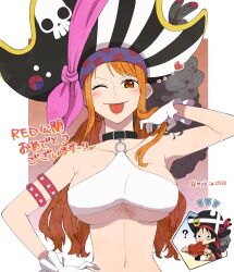 Rule 34 | 1boy, 1girl, ?, bare shoulders, black choker, black coat, boned meat, breasts, chibi, chibi inset, choker, closed mouth, coat, collarbone, eating, food, frilled gloves, frills, gloves, hand on own hip, hand up, hat, hat ribbon, head scarf, highres, holding, holding food, large breasts, long hair, looking at viewer, low twintails, m (user gjgn8588), meat, midriff, monkey d. luffy, nami (one piece), official alternate costume, official alternate hairstyle, one eye closed, one piece, one piece film: red, orange eyes, orange hair, pink ribbon, pirate, pirate hat, print headwear, red ribbon, ribbon, shirt, shoulder tattoo, sidelocks, skull print, smile, strapless, tattoo, tongue, tongue out, translation request, tube top, twintails, twitter username, underboob, upper body, wavy hair, white gloves, white shirt, white tube top