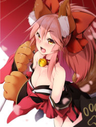Rule 34 | 1girl, aki (akikaze asparagus), animal ear fluff, animal ears, animal hands, bare shoulders, bell, blush, breasts, cat paws, cleavage, collar, collarbone, detached sleeves, fate/grand order, fate (series), fox ears, fox tail, gloves, hair ribbon, japanese clothes, jingle bell, kimono, large breasts, long hair, looking at viewer, md5 mismatch, neck bell, paw gloves, pink hair, ponytail, red kimono, red ribbon, resolution mismatch, ribbon, solo, source larger, tail, tamamo (fate), tamamo cat (fate), tamamo cat (first ascension) (fate), yellow eyes