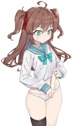 Rule 34 | 1girl, absurdres, ahoge, aqua bow, aqua sailor collar, black thighhighs, blush, bow, breasts, brown hair, chinese commentary, commentary, cropped shirt, crossed bangs, english commentary, hair between eyes, hair ribbon, highres, holding ruler, indie virtual youtuber, live2d inc., long hair, long sleeves, midriff, mixed-language commentary, momose hiyori, neuro-sama, no pants, paid reward available, panties, parted bangs, puffy sleeves, ribbon, ruler, rune (dualhart), sailor collar, school uniform, sidelocks, simple background, single thighhigh, sleeve cuffs, sleeves past wrists, small breasts, solo, sweatdrop, thighhighs, transparent background, two side up, underwear, virtual youtuber, white panties, wide hips