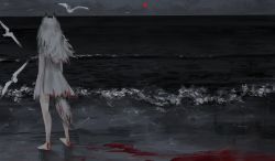 Rule 34 | 1girl, a0lp, alternate costume, animal ears, arknights, arms at sides, bare arms, bare legs, bare shoulders, barefoot, beach, bird, blood, blood in hair, blood on clothes, dress, fox ears, from behind, grey dress, highres, horizon, lappland (arknights), long hair, ocean, silver hair, sleeveless, sleeveless dress, solo, standing, sun, tail, water, wolf ears, wolf girl, wolf tail