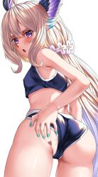 Rule 34 | 1girl, ahoge, aqua nails, armpit crease, ass, ass focus, ass grab, ass tattoo, birthmark, blonde hair, blue hair, blue panties, blue sports bra, blue wings, blush, breasts, cameltoe, ceijin (rizalagoenk), cleft of venus, commentary, covered erect nipples, dolphin shorts, double-parted bangs, english commentary, enna alouette, feathered wings, fingernails, flower, grabbing own ass, gradient hair, hair between eyes, hair flower, hair ornament, hand on own ass, head wings, heart, heart-shaped birthmark, highres, long bangs, long hair, looking at viewer, looking back, low ponytail, midriff, multicolored hair, nail polish, nijisanji, nijisanji en, open mouth, panties, partially visible vulva, purple eyes, purple wings, shorts, sidelocks, simple background, small breasts, solo, sports bra, thighs, two-tone hair, two-tone wings, underwear, underwear only, very long hair, virtual youtuber, white background, white flower, wings