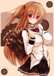 Rule 34 | 1girl, bag, blazer, bookbag, breasts, brown hair, cassini m bisuko, doughnut, food, food-themed hair ornament, hair ornament, highres, jacket, charm (object), large breasts, long hair, looking at viewer, macaron, necktie, open mouth, original, plaid, plaid scarf, pleated skirt, red eyes, scarf, school bag, school uniform, skirt, solo, sweater, syroh, twintails, two side up, uniform