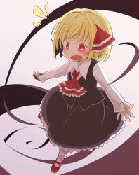 Rule 34 | 1girl, ascot, black skirt, black vest, blonde hair, collared shirt, commentary request, frilled skirt, frills, full body, hair ribbon, jagabutter, long sleeves, mary janes, open hands, open mouth, red ascot, red eyes, red footwear, ribbon, rumia, shirt, shoes, short hair, skirt, sleeves past wrists, socks, solo, spiral, touhou, vest, white shirt, white socks