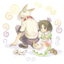 Rule 34 | 1boy, 1girl, animal ears, apron, blue eyes, boots, brown eyes, cat, collar, dog ears, dog tail, dress, flat chest, grey hair, hair brush, hair ornament, holding another&#039;s tail, looking back, maid, maid apron, mitto, original, pants, ponytail, sash, short hair, shorts, sitting, smile, socks, sparkle, squatting, strap, tail, tail grab, watanuki nao, white hair