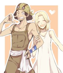 Rule 34 | 1boy, 1girl, :d, arm grab, bandana, bare arms, bare shoulders, black hair, blonde hair, border, closed eyes, collarbone, commentary request, couple, cowboy shot, curly hair, dress, goggles, goggles on headwear, hand on another&#039;s arm, happy, heart, kaya (one piece), long nose, looking at viewer, medium hair, mike (kuroneko1109), nose, one eye closed, one piece, open mouth, orange background, outline, overalls, sleeveless, sleeveless dress, smile, teeth, thumbs up, usopp, white border, white outline