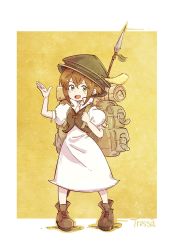 Rule 34 | 1girl, bag, brown hair, chibi, dress, full body, green eyes, hat, looking at viewer, octopath traveler, octopath traveler i, open mouth, short hair, shouta (shbz), simple background, smile, solo, tressa (octopath traveler)