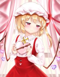 Rule 34 | 1girl, alternate costume, blonde hair, blush, box, commentary request, curtains, dress, flandre scarlet, gift, gift box, hat, hat ribbon, head tilt, heart-shaped box, highres, holding, holding gift, juliet sleeves, light smile, long sleeves, looking down, looking to the side, mob cap, nyanyanoruru, one side up, pinafore dress, puffy sleeves, red dress, red eyes, ribbon, shirt, short hair, sleeveless, sleeveless dress, solo, touhou, valentine, white hat, white shirt, window, wings, yellow neckwear, yellow ribbon