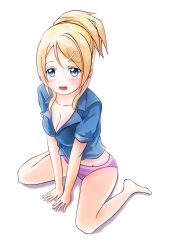 Rule 34 | 10s, 1girl, arm support, ayase eli, barefoot, blue eyes, blue shirt, blush, breasts, cleavage, full body, groin, hair ornament, hairclip, high ponytail, highres, looking at viewer, love live!, love live! school idol project, medium breasts, open mouth, panties, ponytail, purple panties, rain (nadroj31), shirt, sitting, solo, striped clothes, striped panties, underwear, wariza, white background