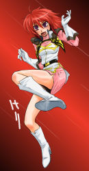 Rule 34 | 1girl, ahoge, arms up, banpresto, bare legs, belt, belt buckle, boots, buckle, elbow gloves, full body, gloves, gradient background, hair between eyes, high heel boots, high heels, ibis douglas, jumping, knee boots, looking at viewer, open clothes, open vest, purple eyes, red background, red hair, short hair, solo, super robot wars, thighs, vest, white footwear, white gloves, yaji (kitizoto)