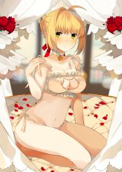 Rule 34 | 10s, 1girl, absurdres, ahoge, bare shoulders, bed, bed sheet, bell, blonde hair, blurry, blurry background, blush, bra, breasts, cat cutout, cat lingerie, cleavage, cleavage cutout, clothing cutout, collarbone, eules, eyebrows, fate/extra, fate (series), flower, frilled bra, frills, green eyes, hair intakes, hair ribbon, highres, jingle bell, md5 mismatch, meme attire, navel, nero claudius (fate), nero claudius (fate) (all), nero claudius (fate/extra), on bed, owl-pudding, panties, petals, red flower, red ribbon, red rose, ribbon, rose, rose petals, seiza, short hair, side-tie panties, sitting, solo, stomach, tareme, underwear, underwear only, white bra, white panties