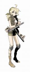 Rule 34 | 1girl, ahoge, bandana, blonde hair, breasts, dual wielding, fanny pack, highres, holding, kasamoto eri, knee pads, long hair, metal slug, official art, ponytail, short shorts, shorts, sleeves rolled up, small breasts, snk, solo, tonfa, vest, weapon