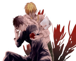 Rule 34 | 2boys, apple, azuazuazu19, blonde hair, book, brown eyes, brown hair, cross, cross necklace, fate/zero, fate (series), food, fruit, gilgamesh (fate), jewelry, kotomine kirei, male focus, multiple boys, necklace, official alternate costume, red eyes, white background