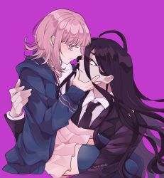 Rule 34 | 1boy, 1girl, ahoge, artist name, black hair, blush, carrying, colored eyelashes, danganronpa (series), danganronpa 2: goodbye despair, eye contact, flipped hair, formal, hand on another&#039;s back, hand on another&#039;s chin, hetero, highres, holding person, hood, hoodie, imminent kiss, isosceless, kamukura izuru, long hair, long sleeves, looking at another, messy hair, nanami chiaki, neck ribbon, necktie, parted lips, pink eyes, pink hair, pleated skirt, red eyes, ribbon, short hair, skirt, sleeves past wrists, spanish commentary, suit, thick eyebrows, thighhighs, very long hair