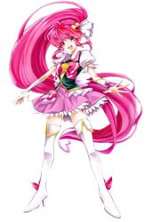 Rule 34 | 1girl, aino megumi, boots, brooch, cure lovely, hair ornament, happinesscharge precure!, heart, heart brooch, heart hair ornament, highres, jewelry, magical girl, pink hair, pink shirt, pink skirt, ponytail, precure, puffy sleeves, shirt, skirt, smile, solo, thigh boots, vest, wasabi sankiro, white background, wide ponytail
