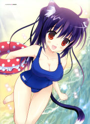 Rule 34 | 1girl, absurdres, animal ears, barefoot, blush, breasts, cat ears, cat tail, chimaro, cleavage, highres, innertube, large breasts, one-piece swimsuit, open mouth, red eyes, school swimsuit, solo, swim ring, swimsuit, tail