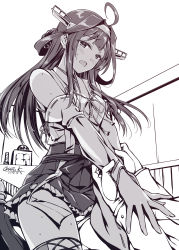 Rule 34 | 1boy, 1girl, ahoge, bad id, bad pixiv id, blush, cowgirl position, detached sleeves, highres, implied sex, kantai collection, kobayashi chisato, kongou (kancolle), monochrome, signature, solo focus, straddling, sweat, thighs