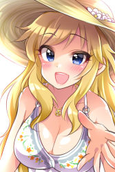 Rule 34 | 10s, 1girl, :d, blonde hair, blue eyes, blush, breasts, cleavage, flower, hat, hat flower, idolmaster, idolmaster cinderella girls, jewelry, large breasts, long hair, looking at viewer, necklace, ohtsuki yui, open mouth, shell, shell necklace, smile, solo, sun hat, trente, upper body